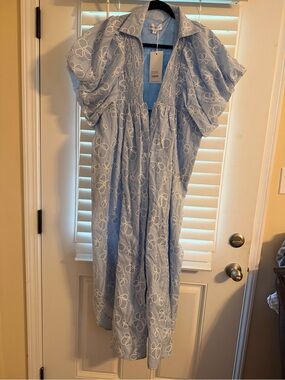 Light Blue Floral Embroidered Puff-Sleeve Dress
